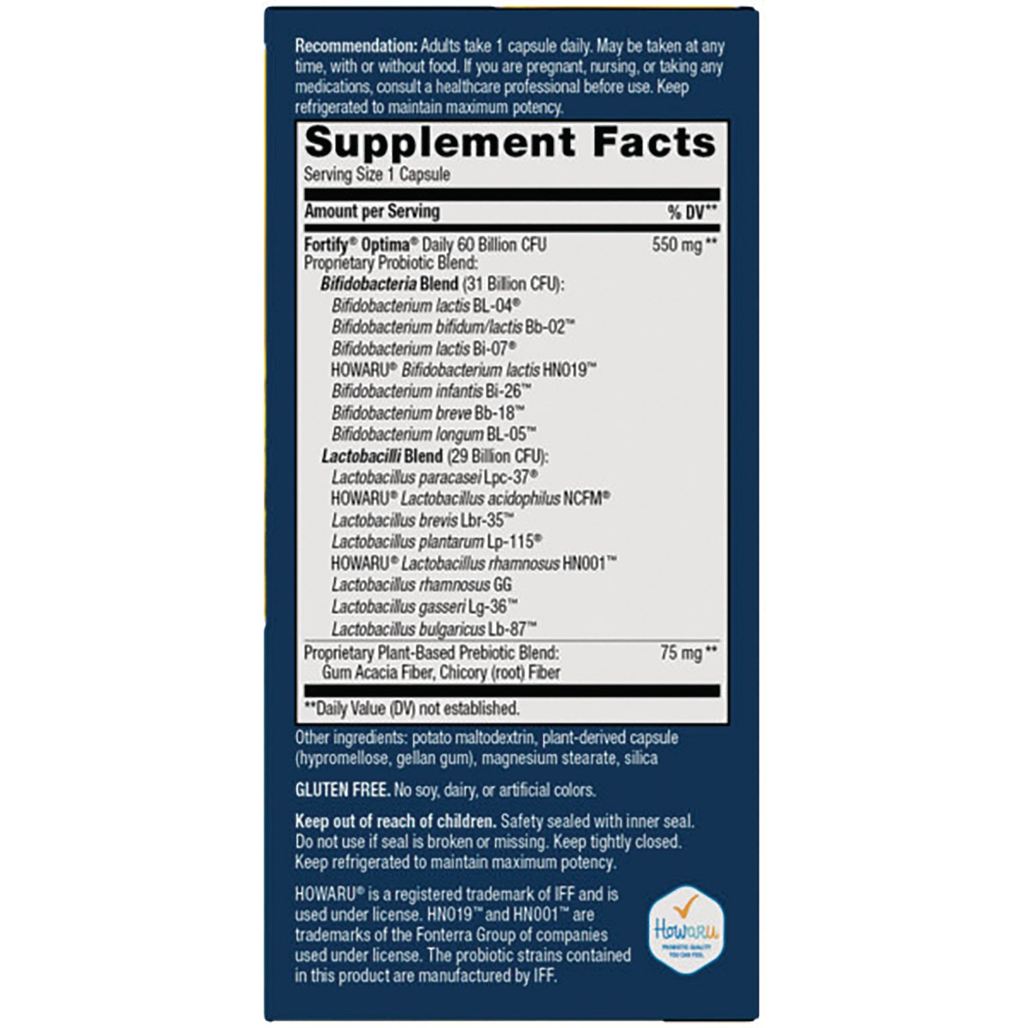 NW803 | back panel showing Supplement Facts with probiotic strains, ingredients, and usage directions