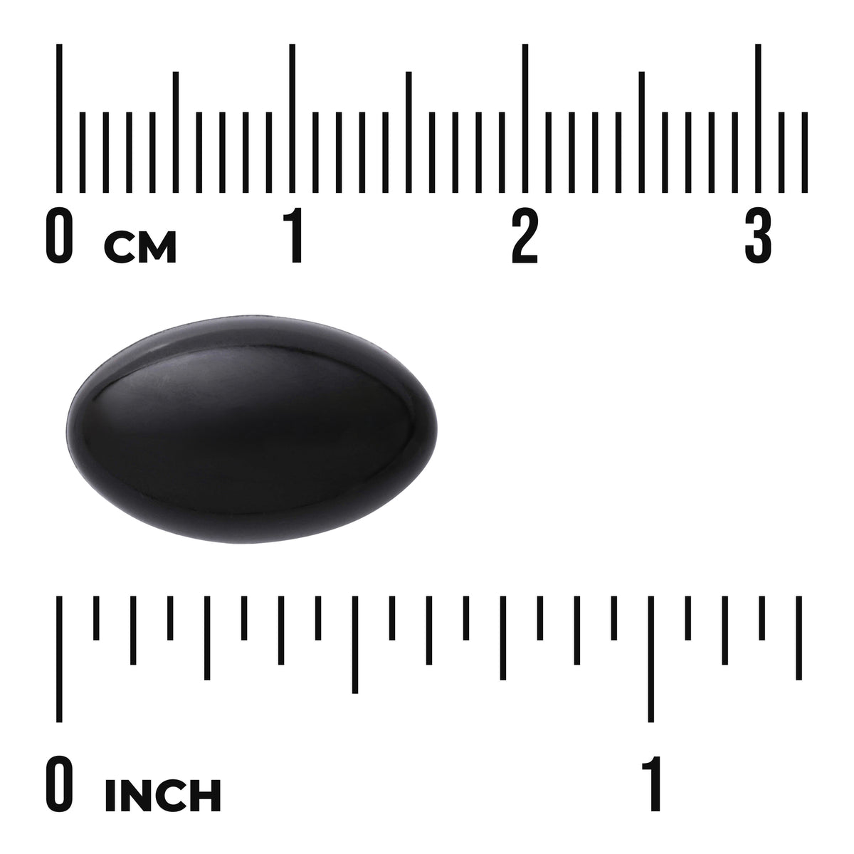SWU730 | Black softgel capsule with size reference, shown with cm and inch rulers