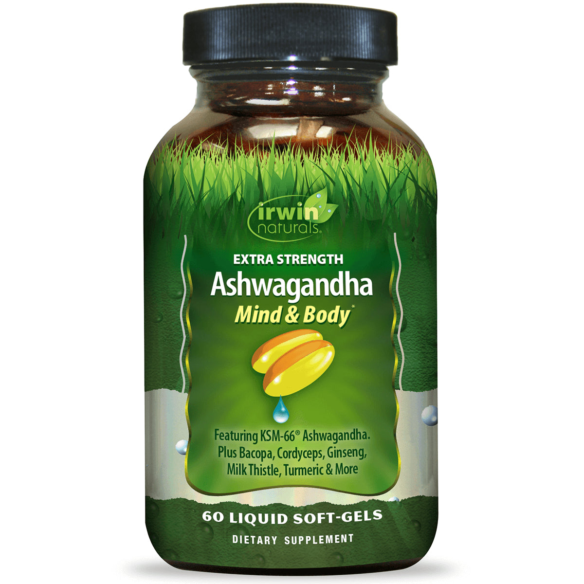 IR148 | Irwin Naturals Extra Strength Ashwagandha Mind & Body bottle, 60 liquid soft-gels
