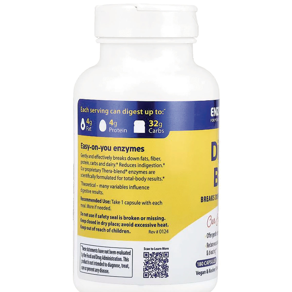 EMD076 | back label of white supplement bottle showing Easy-on-you enzymes heading, usage directions and warnings