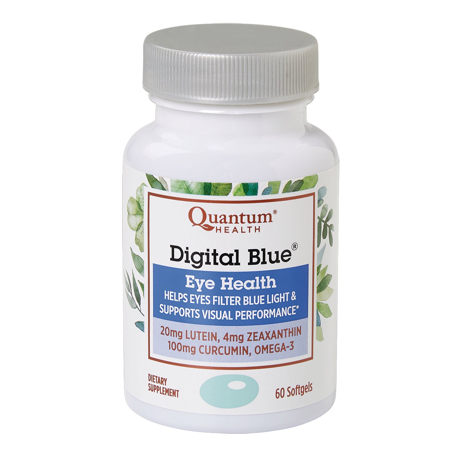 QU076 | Quantum Health Digital Blue Eye Health bottle, front label showing benefits and ingredient amounts, 60 softgels