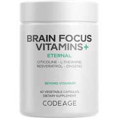 CDG032 | White supplement jar labeled BRAIN FOCUS VITAMINS+ ETERNAL, 60 vegetable capsules, brand CODEAGE
