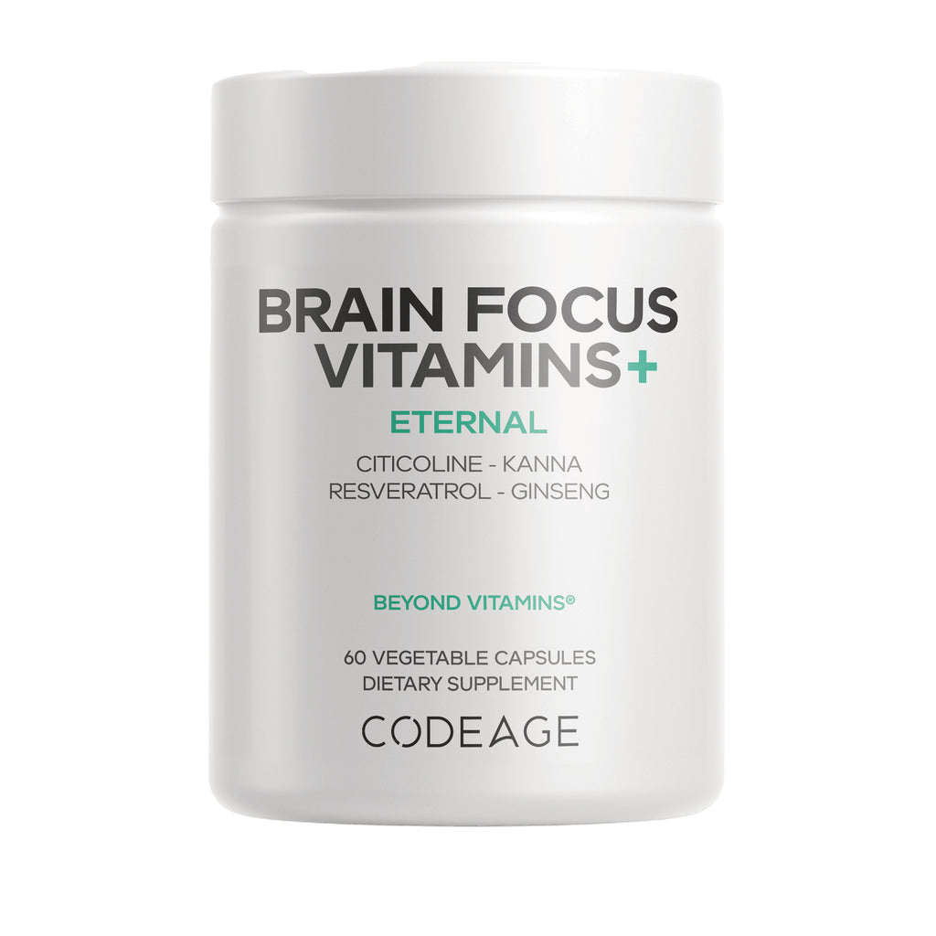 CDG032 | White supplement jar labeled BRAIN FOCUS VITAMINS+ ETERNAL, 60 vegetable capsules, brand CODEAGE - Thumbnail