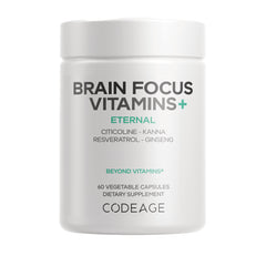 CDG032 | White supplement jar labeled BRAIN FOCUS VITAMINS+ ETERNAL, 60 vegetable capsules, brand CODEAGE