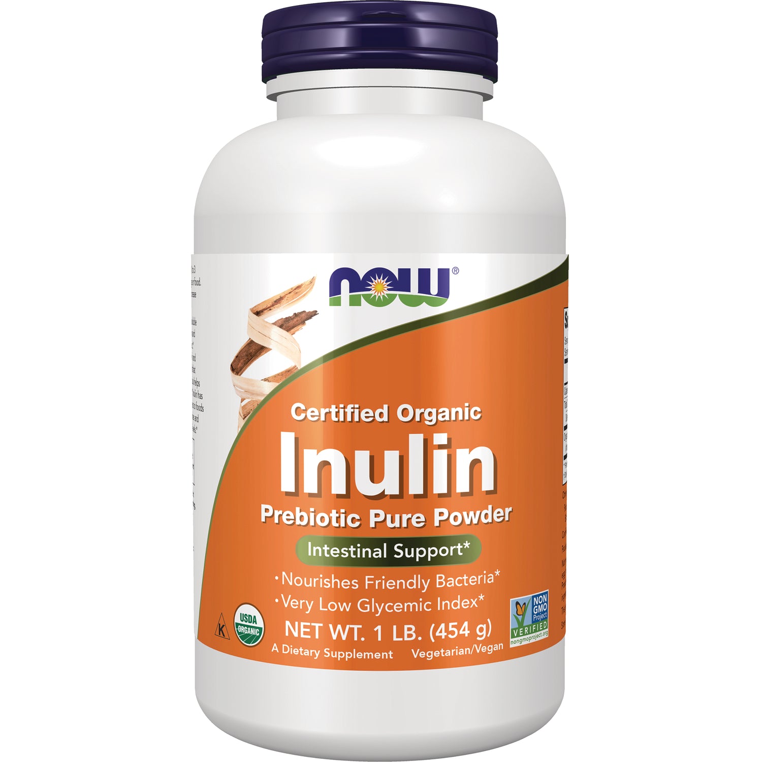 NWF1378 | NOW Certified Organic Inulin prebiotic pure powder bottle, 1 lb (454 g), orange label