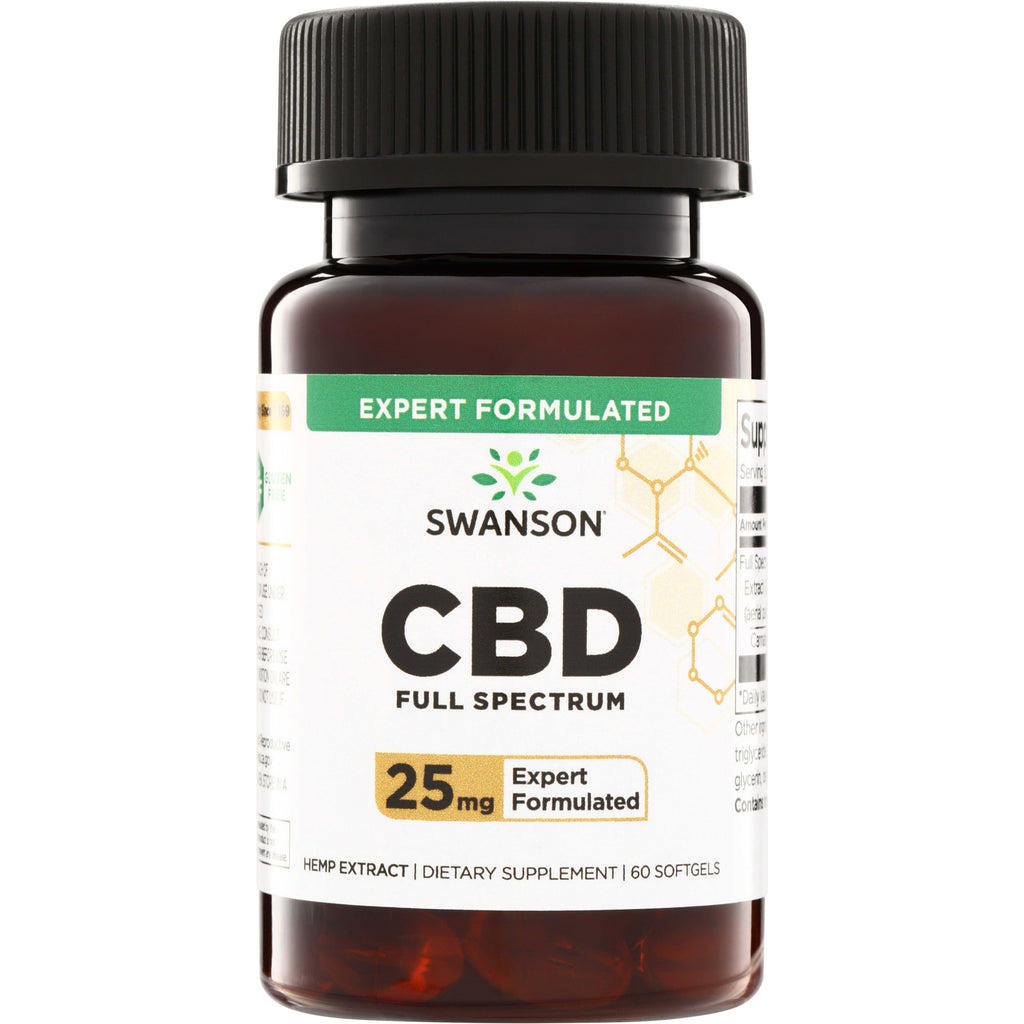 SW1865 | Swanson CBD Full Spectrum 25 mg, Expert Formulated, hemp extract supplement, 60 softgels, front of bottle - Thumbnail