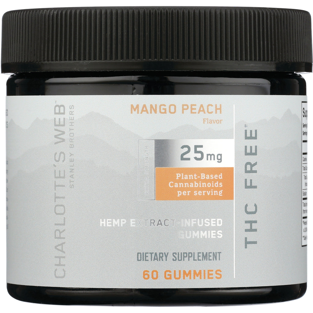 CHW041 | Front view of jar of Mango Peach hemp extract gummies labeled 25 mg, 60 gummies, THC FREE - Thumbnail