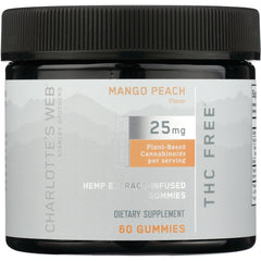 CHW041 | Front view of jar of Mango Peach hemp extract gummies labeled 25 mg, 60 gummies, THC FREE