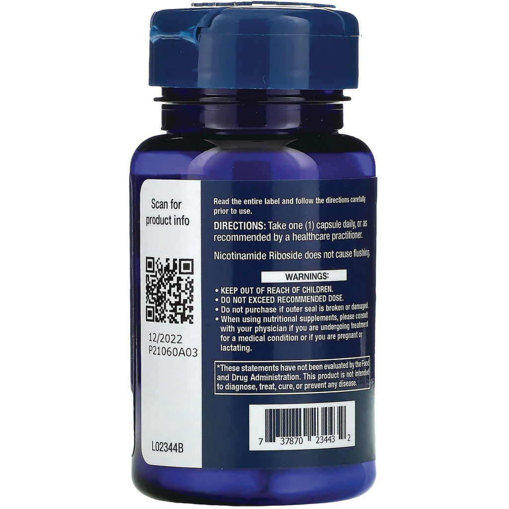 LE490 | Back of blue supplement bottle showing directions, warnings, QR code and barcode - Thumbnail