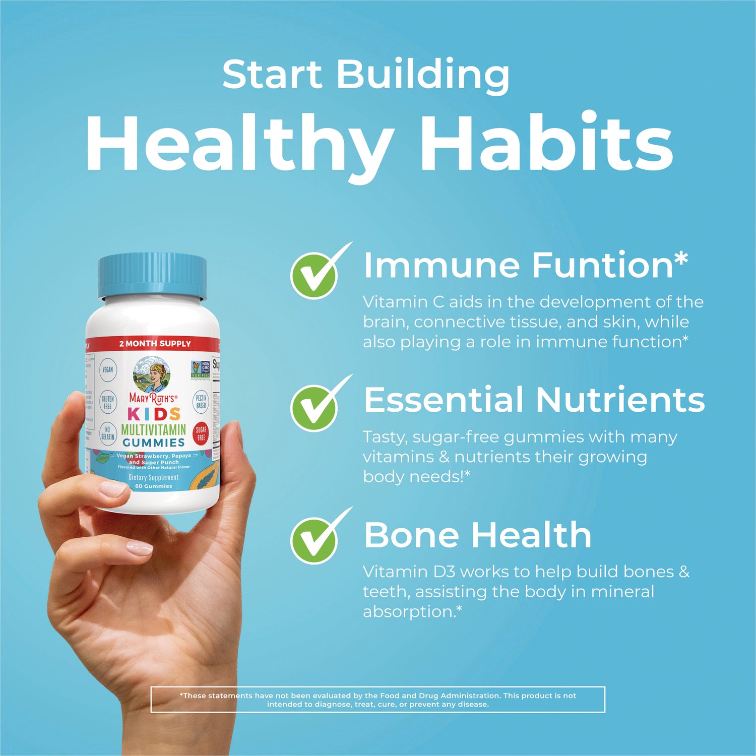 MRR019 | Hand holding MaryRuth's Kids Multivitamin Gummies bottle beside infographic listing Immune Function, Essential Nutrients, Bone Health