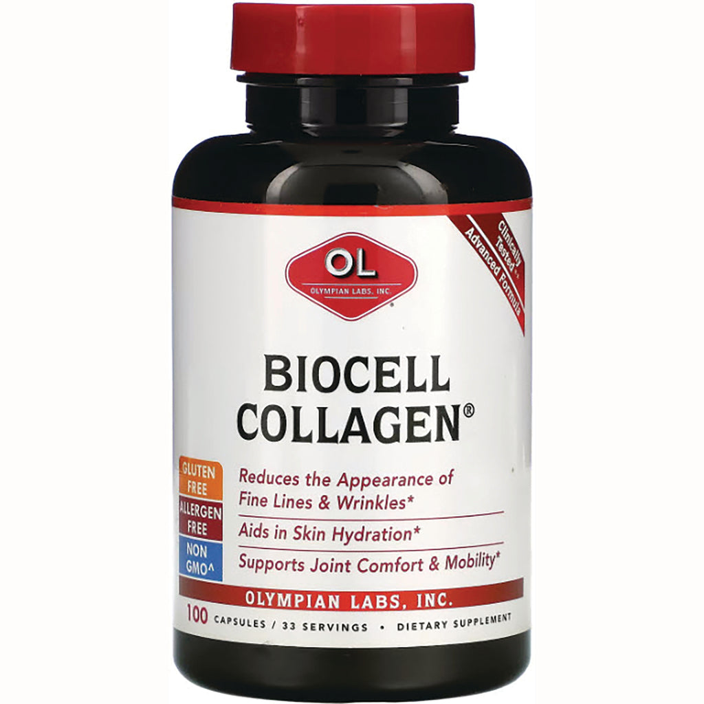 OL040 | bottle of BIOCELL COLLAGEN dietary supplement by Olympian Labs with red cap, 100 capsules - Thumbnail
