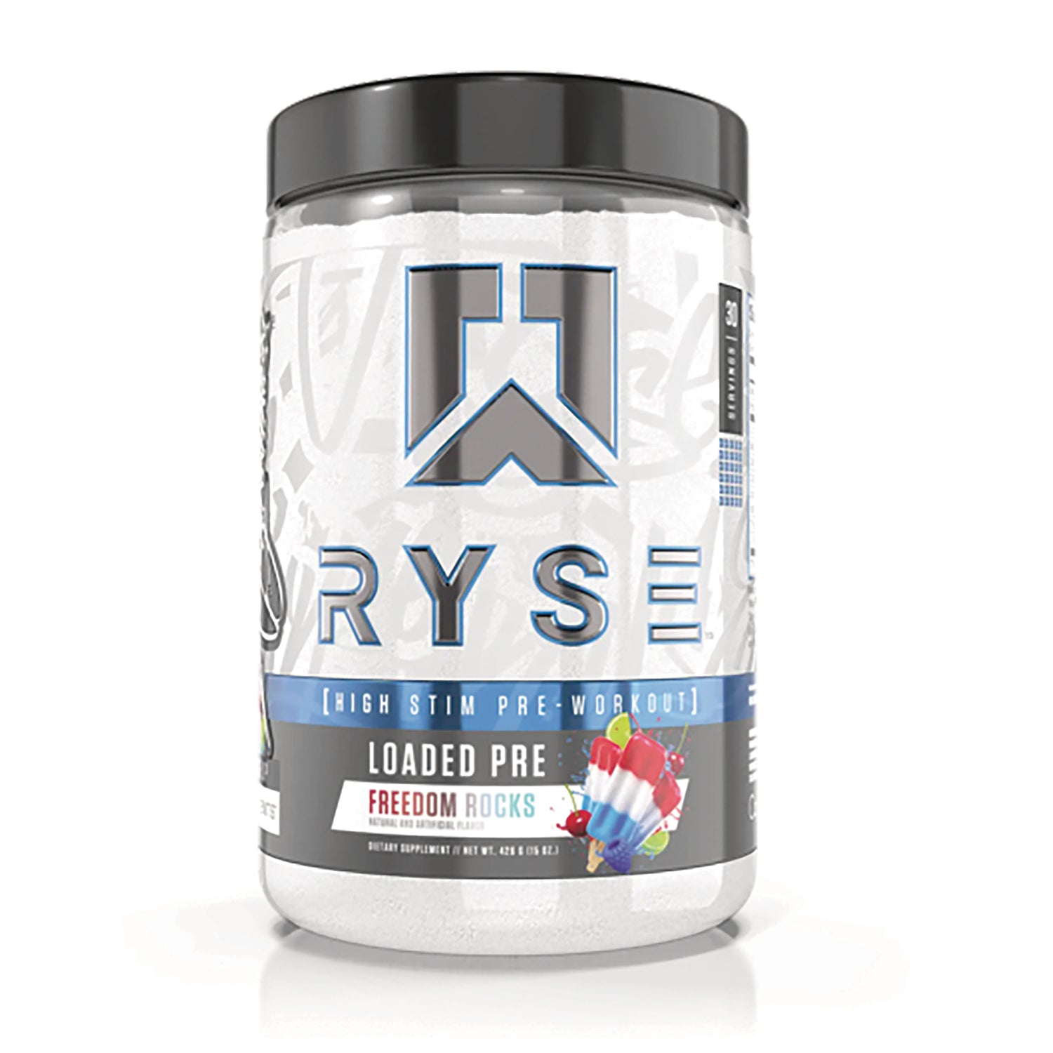RYS010 | white jar of RYSE Loaded Pre high stim pre-workout labeled Freedom Rocks flavor