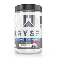 RYS010 | white jar of RYSE Loaded Pre high stim pre-workout labeled Freedom Rocks flavor