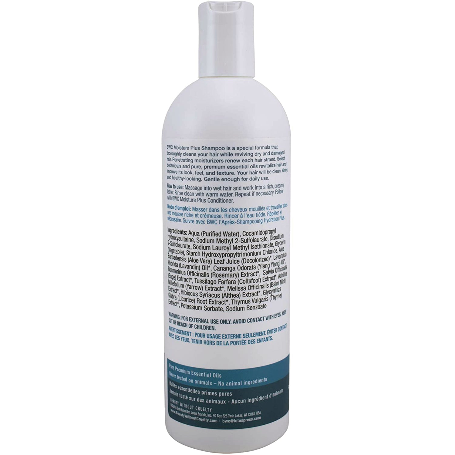 BWC116 | Back label of white shampoo bottle showing ingredients, warnings, and usage directions