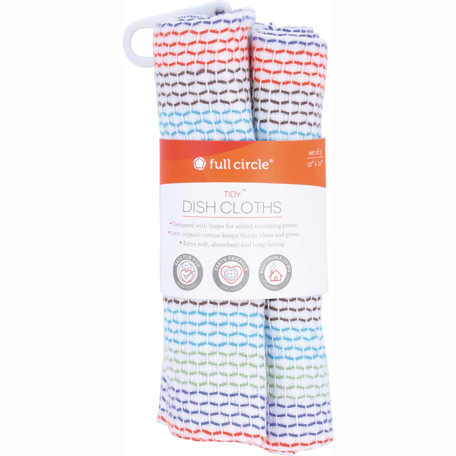 FLC010 | Full Circle TIDY dish cloths set of 3, waffle weave white with blue, green, orange and brown stripes