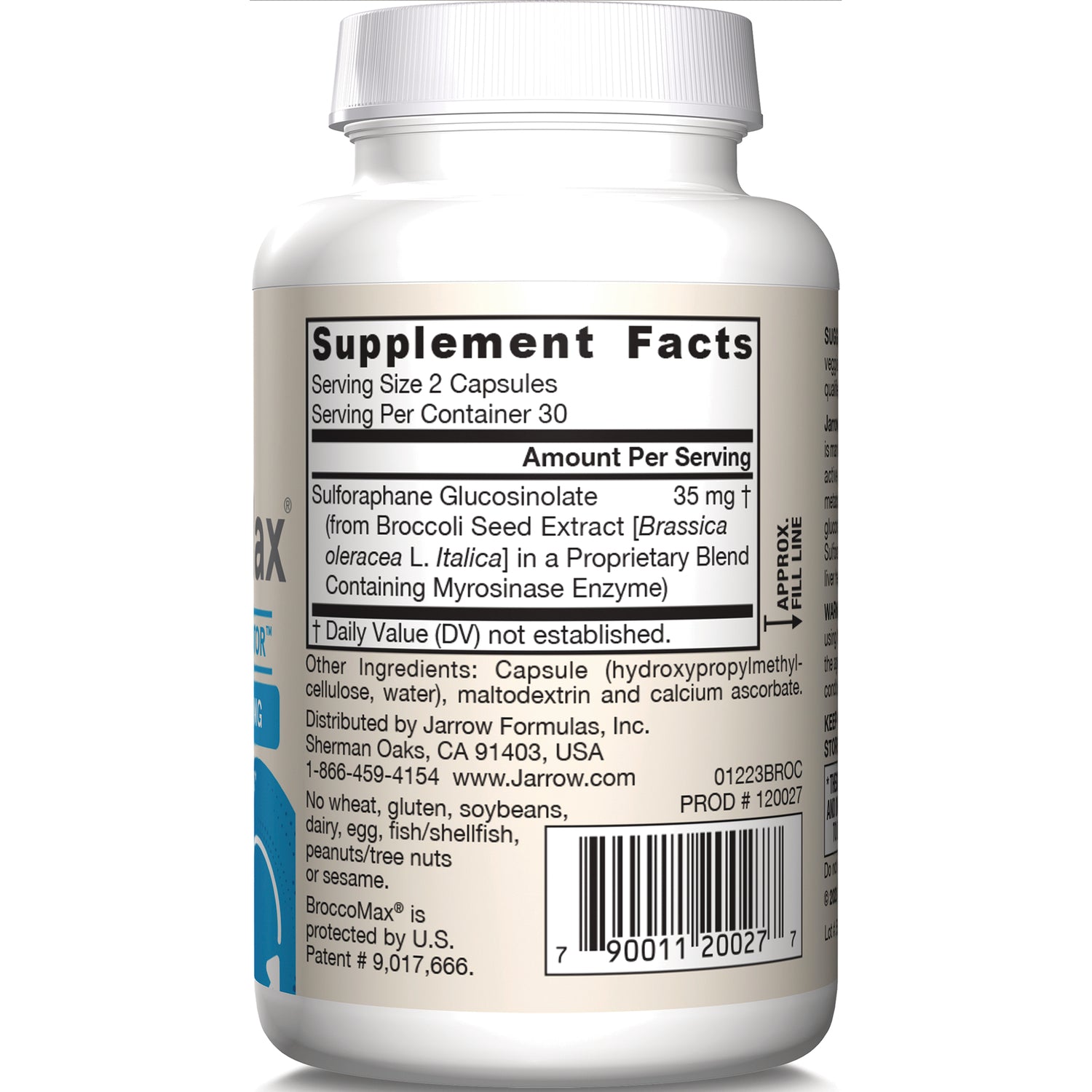 JR050 | Supplement Facts panel and ingredient text with barcode on back of white supplement bottle