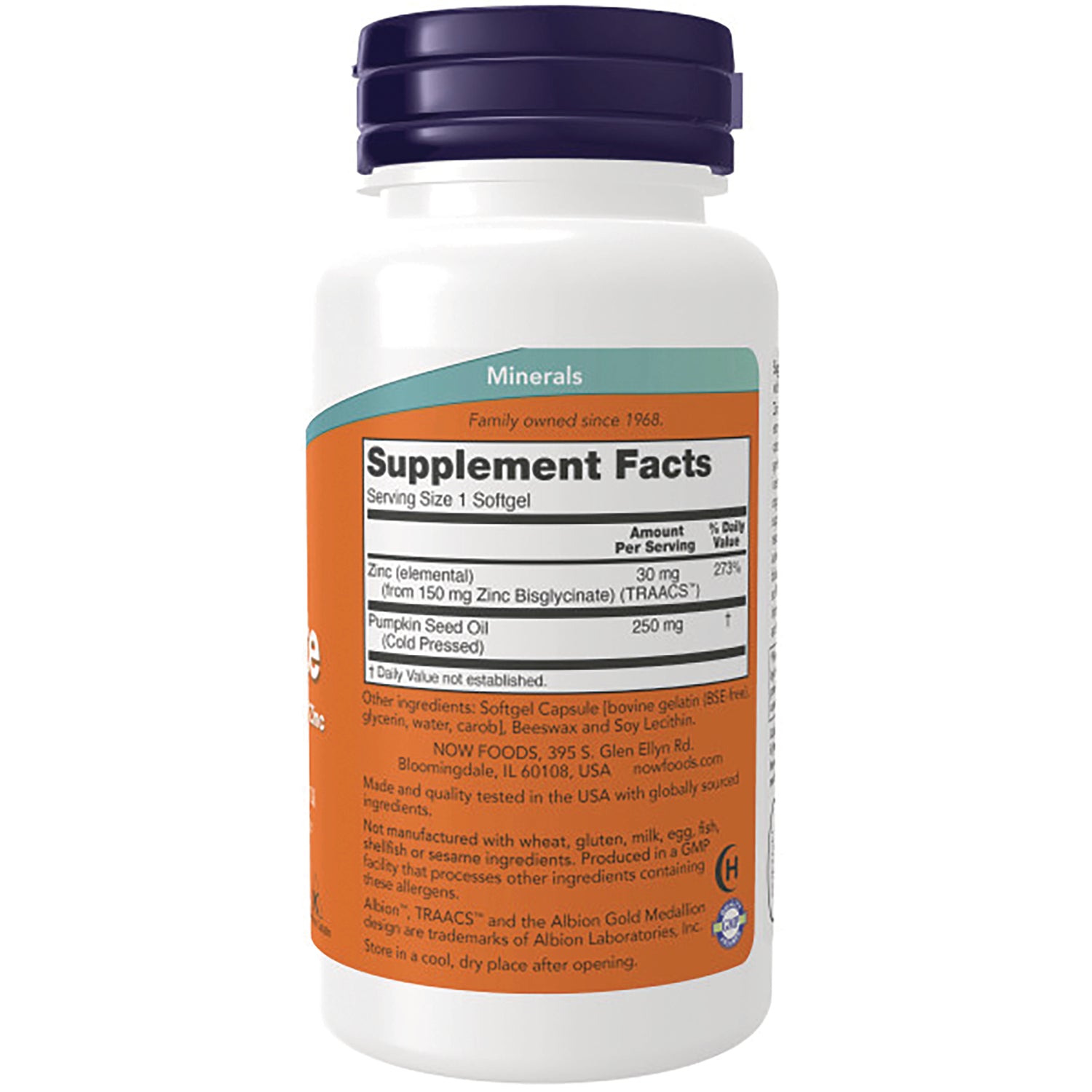 NWF918 | Back of white supplement bottle with orange label showing Supplement Facts panel and ingredients, purple cap