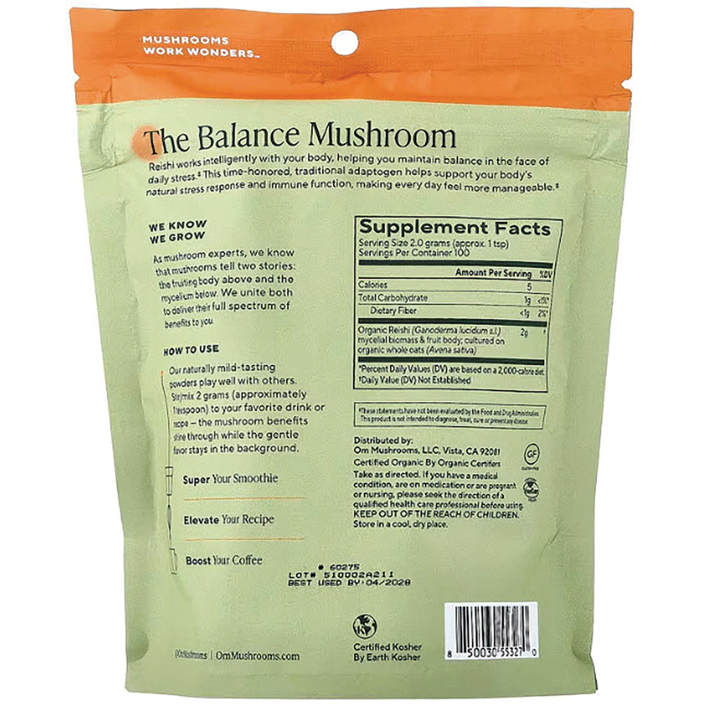 MMX046 | Back of green The Balance Mushroom powder pouch showing Supplement Facts panel, usage instructions, and barcode - Thumbnail