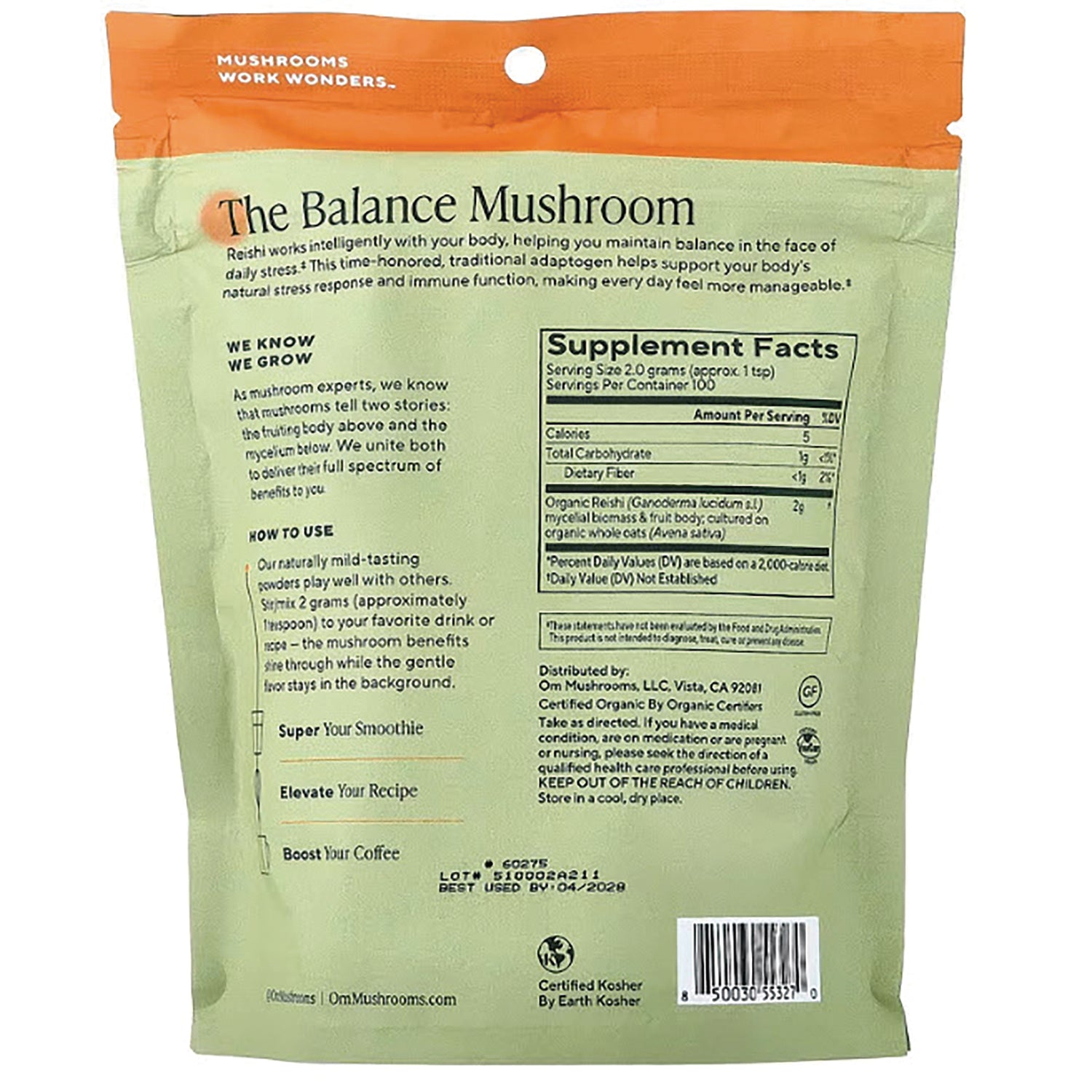MMX046 | Back of green The Balance Mushroom powder pouch showing Supplement Facts panel, usage instructions, and barcode