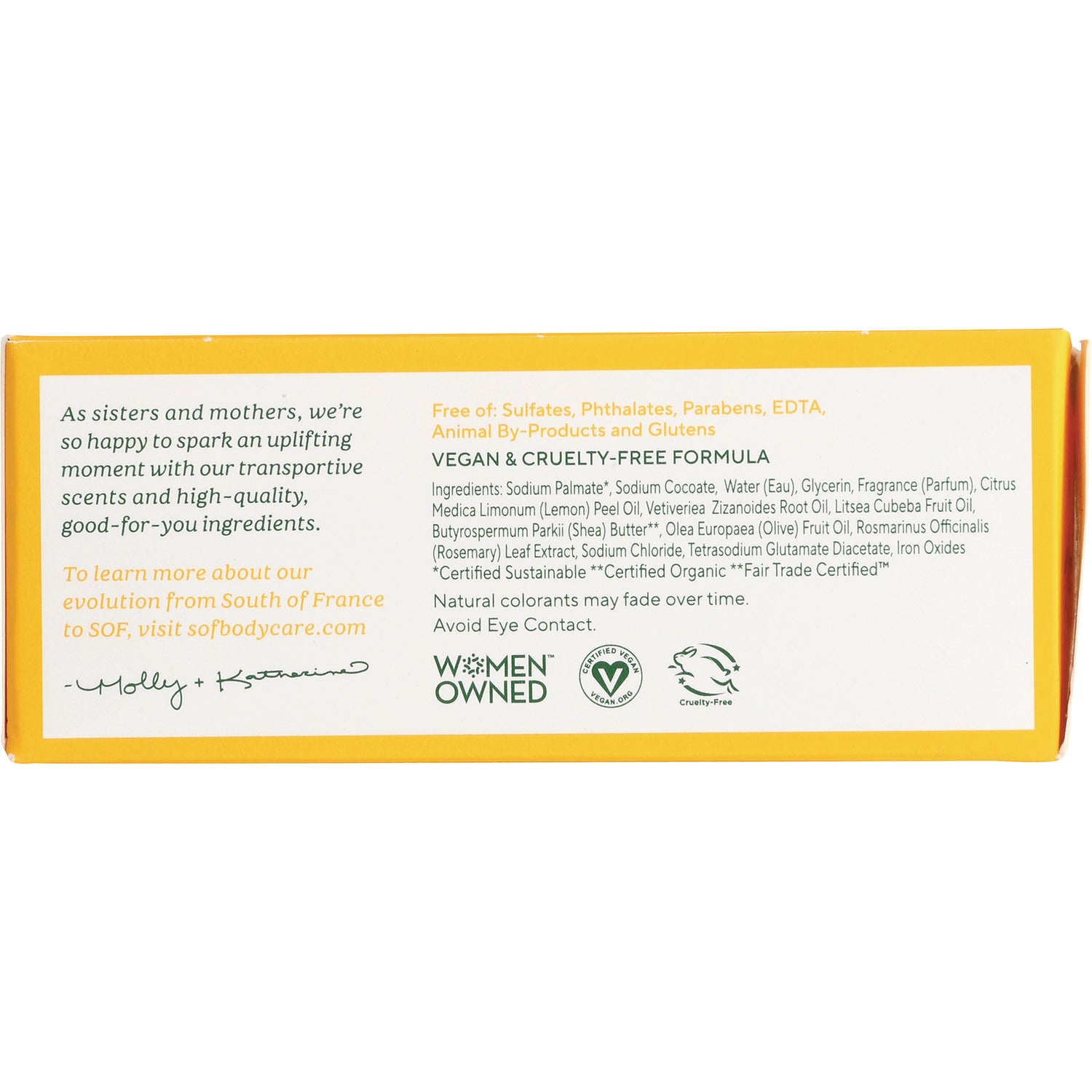 SOF014 | Back panel with ingredients, Vegan & Cruelty-Free Formula, and Women Owned, Vegan, Cruelty-Free icons