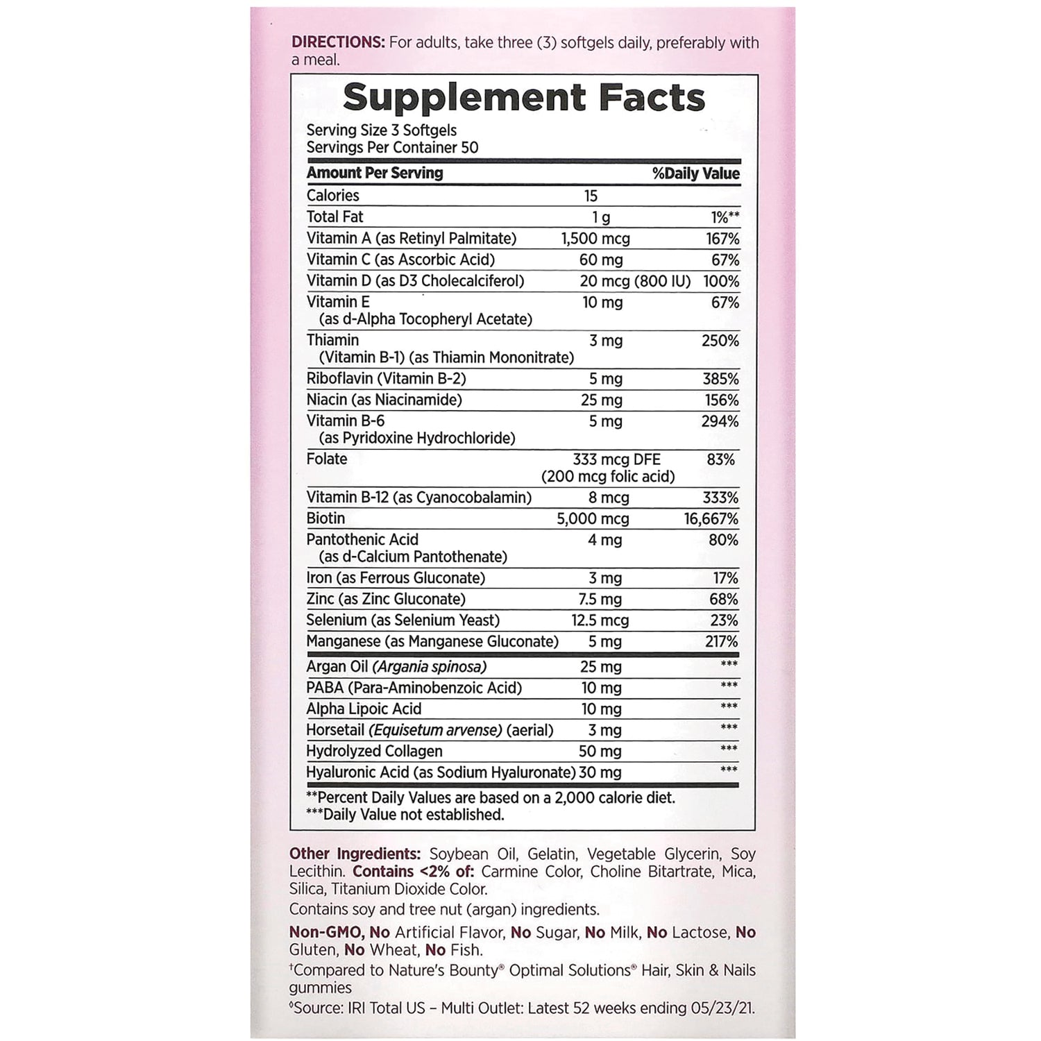 NBY103 | Supplement Facts panel and ingredients list for hair, skin & nails softgels
