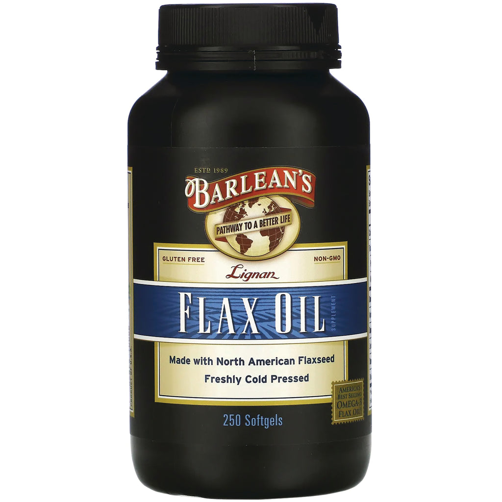 BAR004 | Barlean's Flax Oil 250 softgels front label on black bottle - Thumbnail