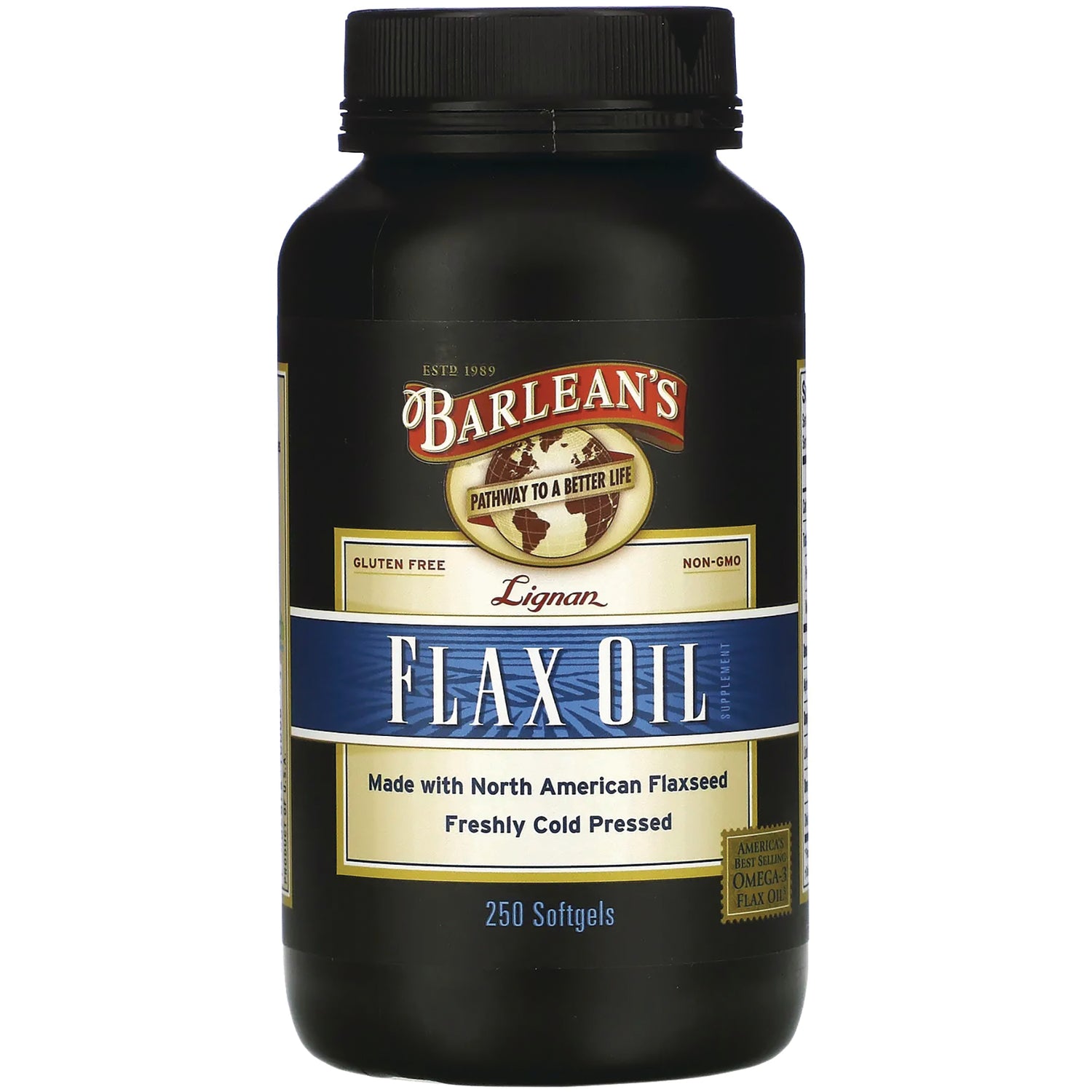 BAR004 | Barlean's Flax Oil 250 softgels front label on black bottle