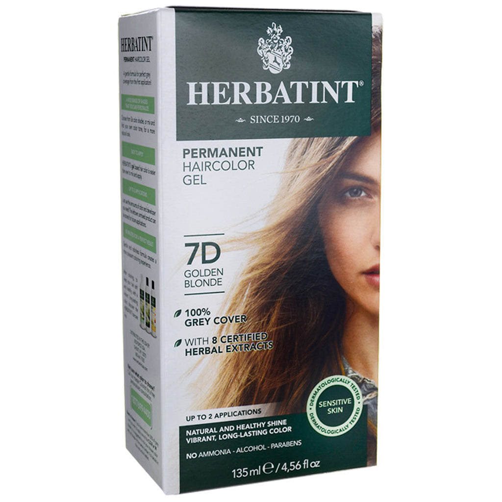 HBT015 | Herbatint permanent haircolor gel 7D Golden Blonde box showing front panel and partial model face - Thumbnail