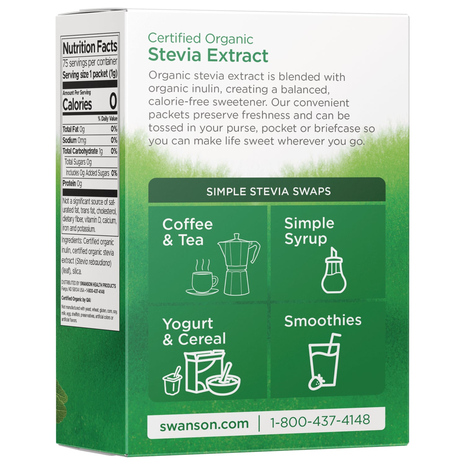 SWF104 | Back of box with nutrition facts; Certified Organic Stevia Extract; swaps for coffee, syrup, cereal, smoothies