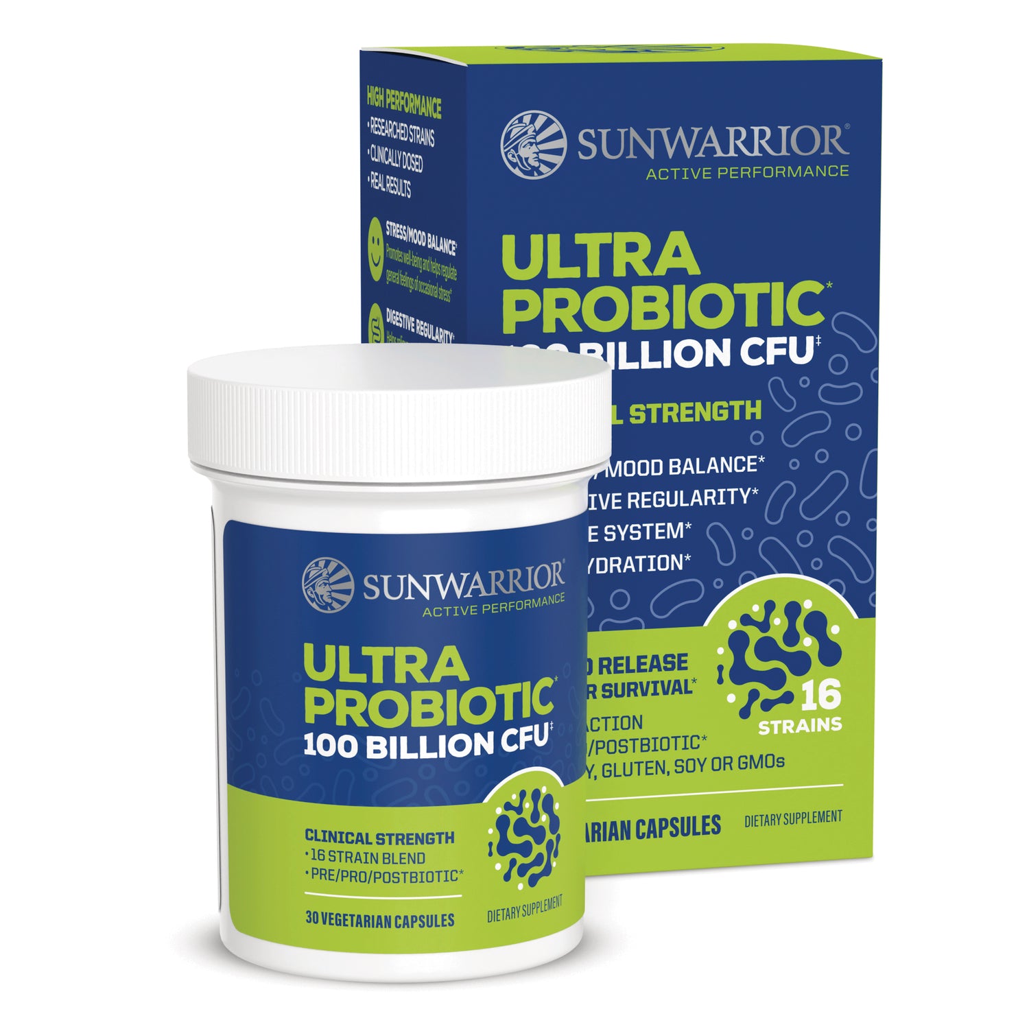 SNW064 | Sunwarrior Ultra Probiotic 100 Billion CFU, 30 vegetarian capsules bottle and box