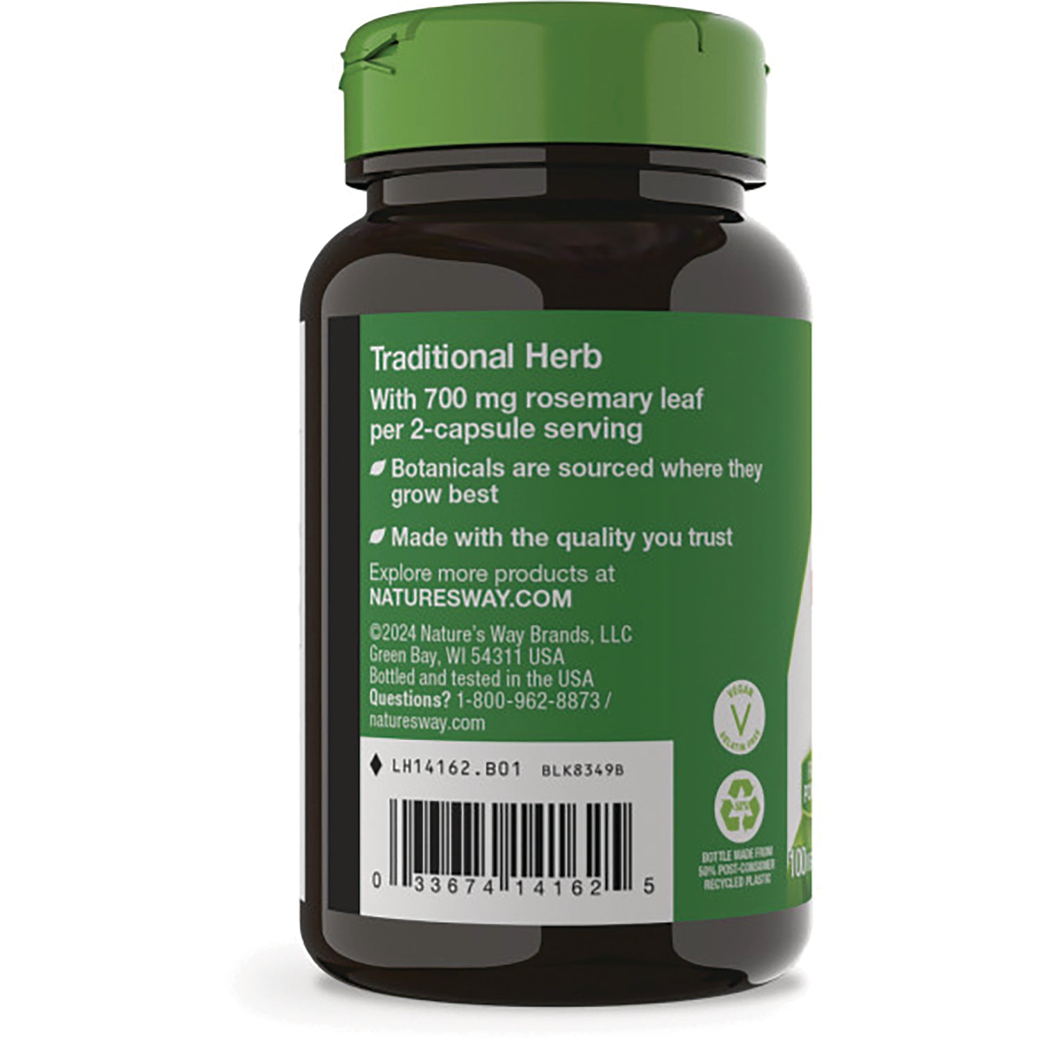 NW946 | Back label of bottle reading Traditional Herb with 700 mg rosemary leaf per 2-capsule serving and barcode