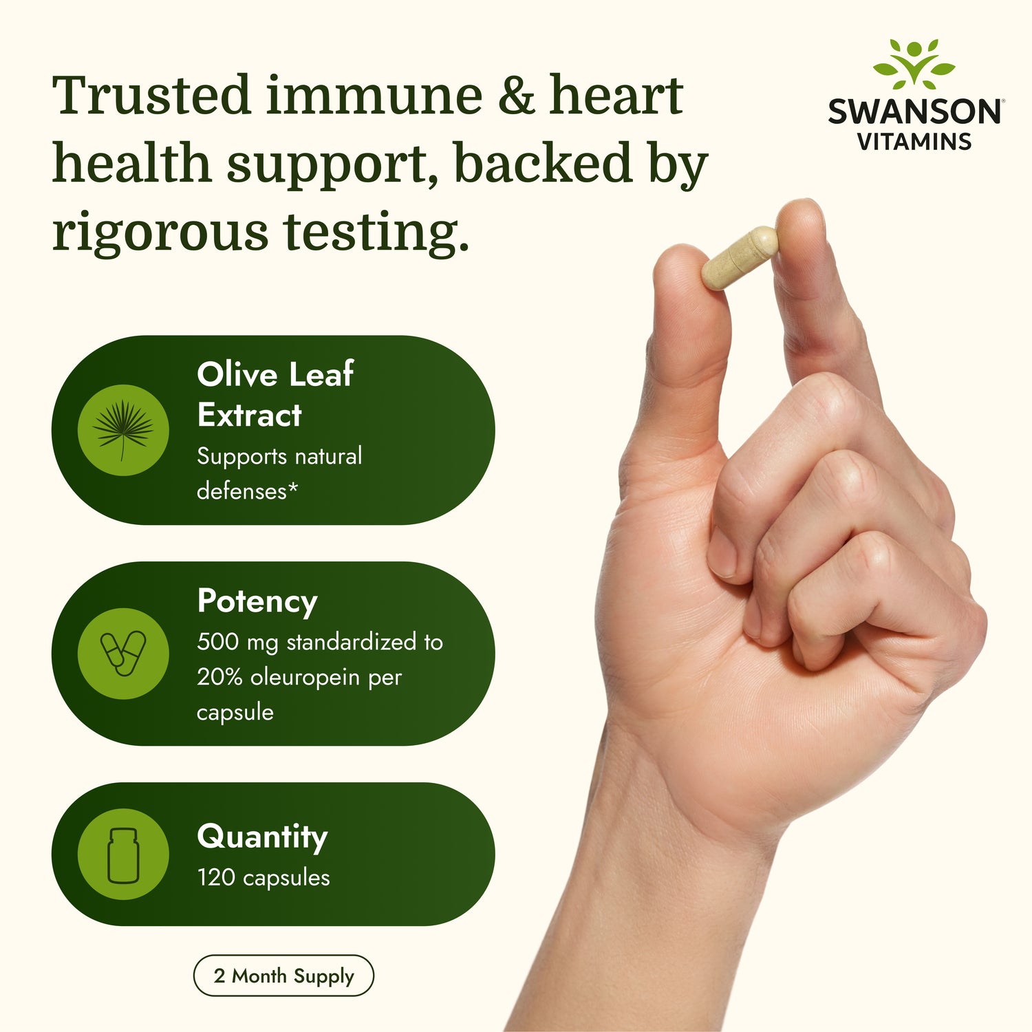 SWH159 | Hand holding olive leaf extract capsule with product benefits and Swanson Vitamins branding