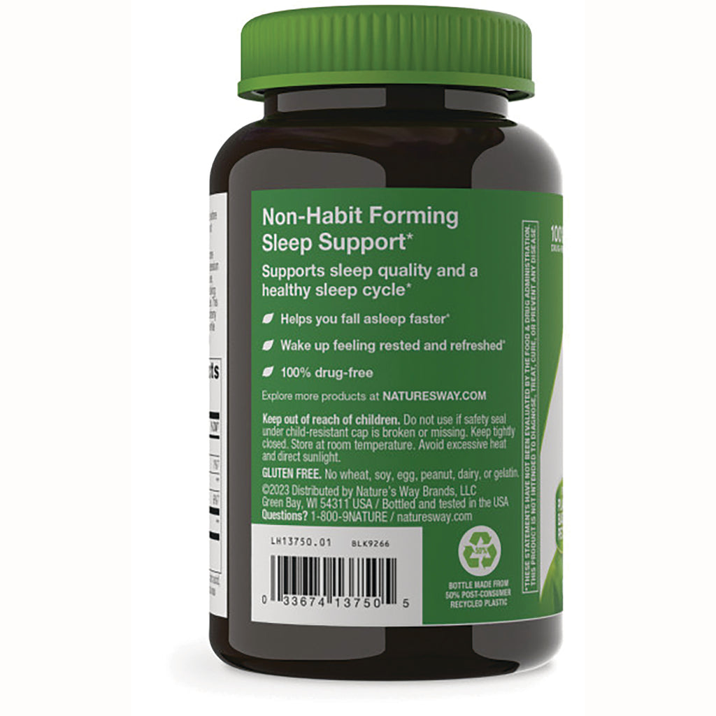 NW1024 | Back of brown supplement bottle label reading Non-Habit Forming Sleep Support with usage claims, barcode and recycling symbol - Thumbnail