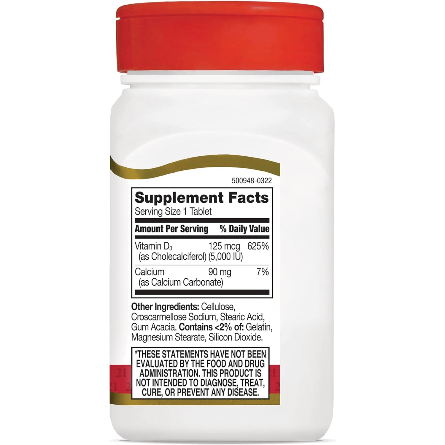 CNT203 | back label of white supplement bottle showing Supplement Facts with Vitamin D3 125 mcg (5,000 IU) and calcium 90 mg