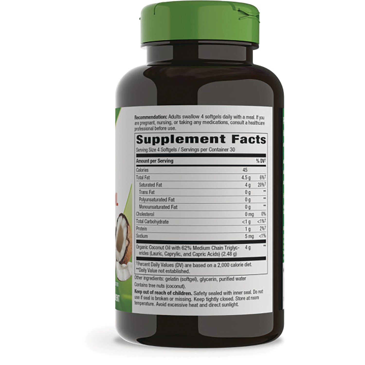 NW864 | Back of brown supplement bottle with green cap showing Supplement Facts nutrition label and ingredients