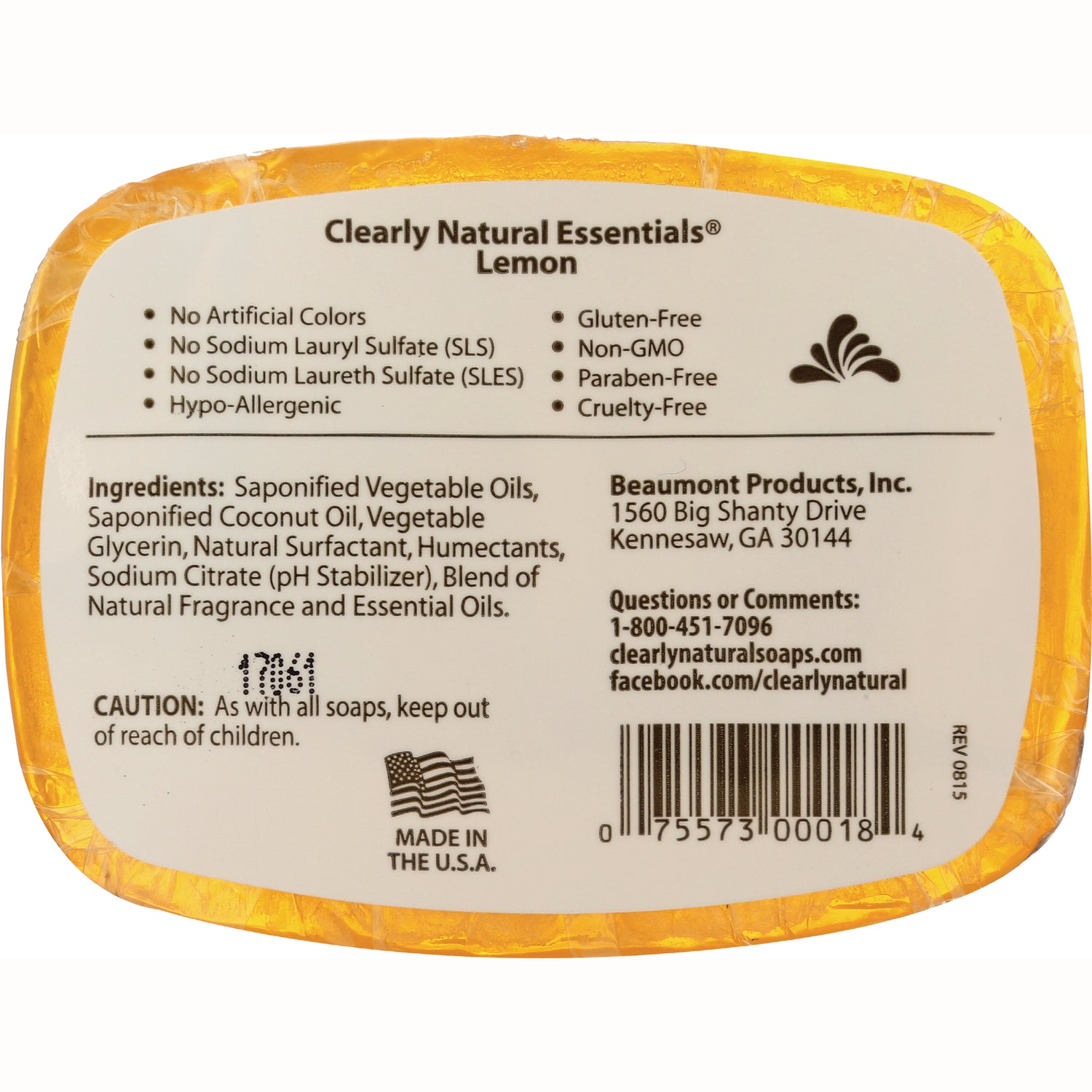 CLN009 | Clearly Natural Essentials Lemon soap back label showing ingredients, claims, barcode and Made in the U.S.A