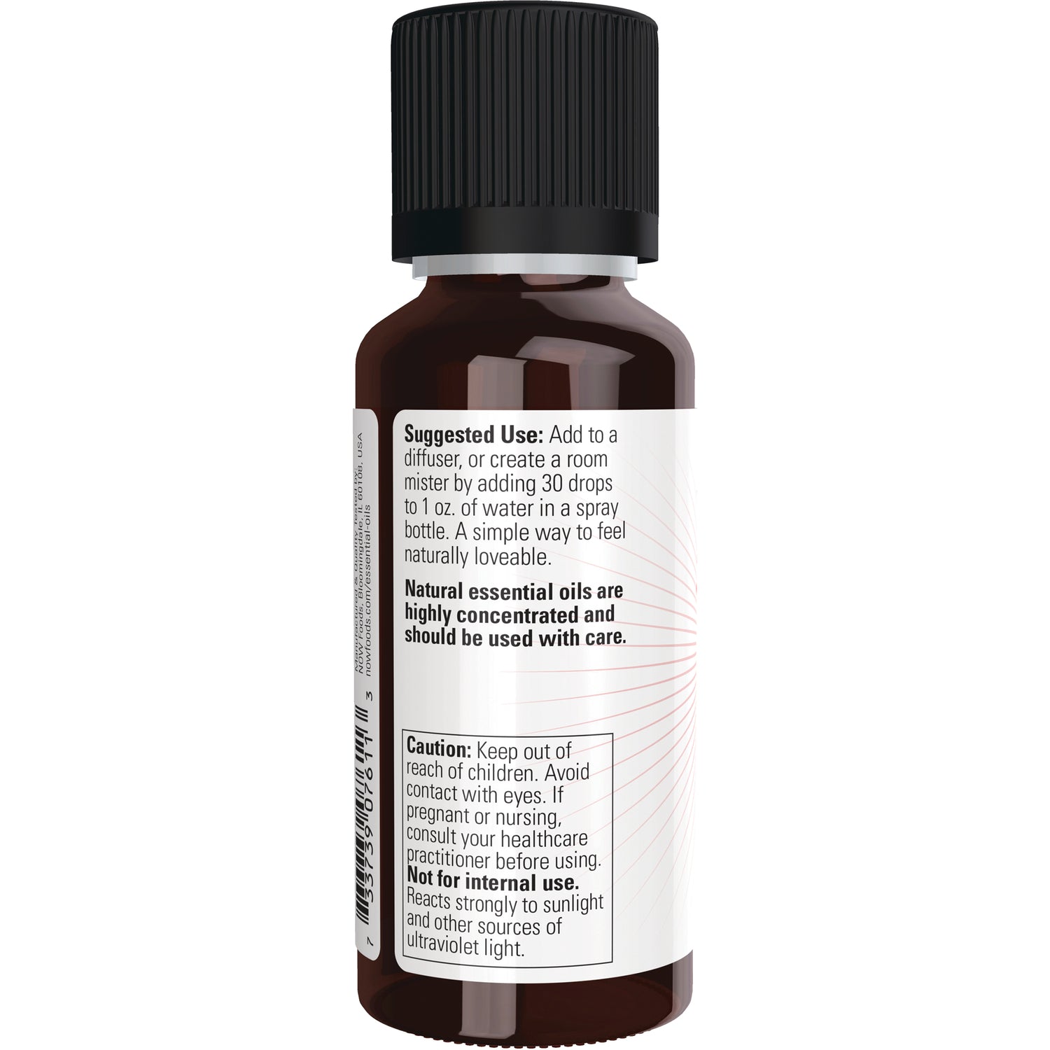 NWF1230 | Back of amber essential oil bottle label showing suggested use and caution text