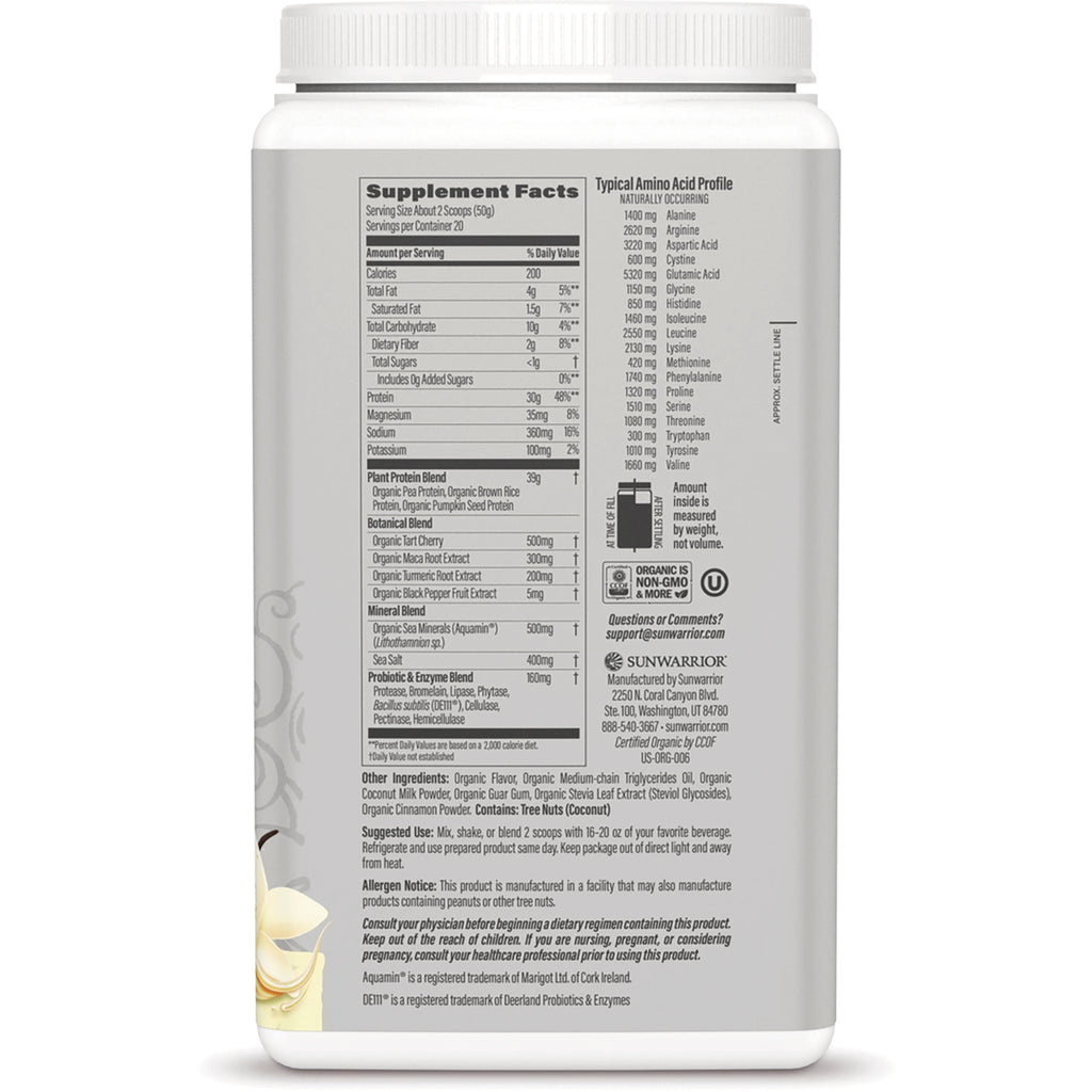 SNW045 | Back label with Supplement Facts, typical amino acid profile, ingredients, and Sunwarrior contact info - Thumbnail