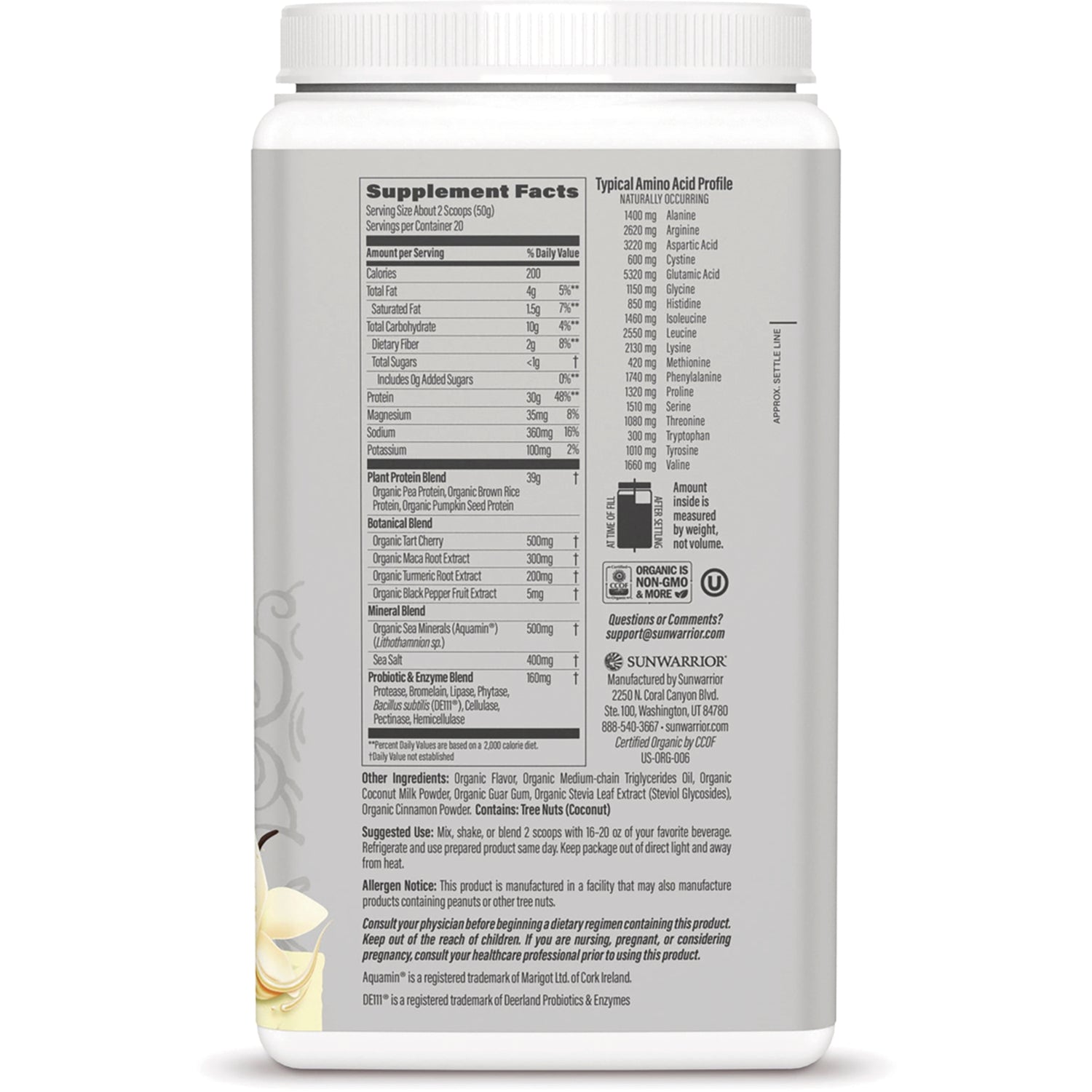SNW045 | Back label with Supplement Facts, typical amino acid profile, ingredients, and Sunwarrior contact info