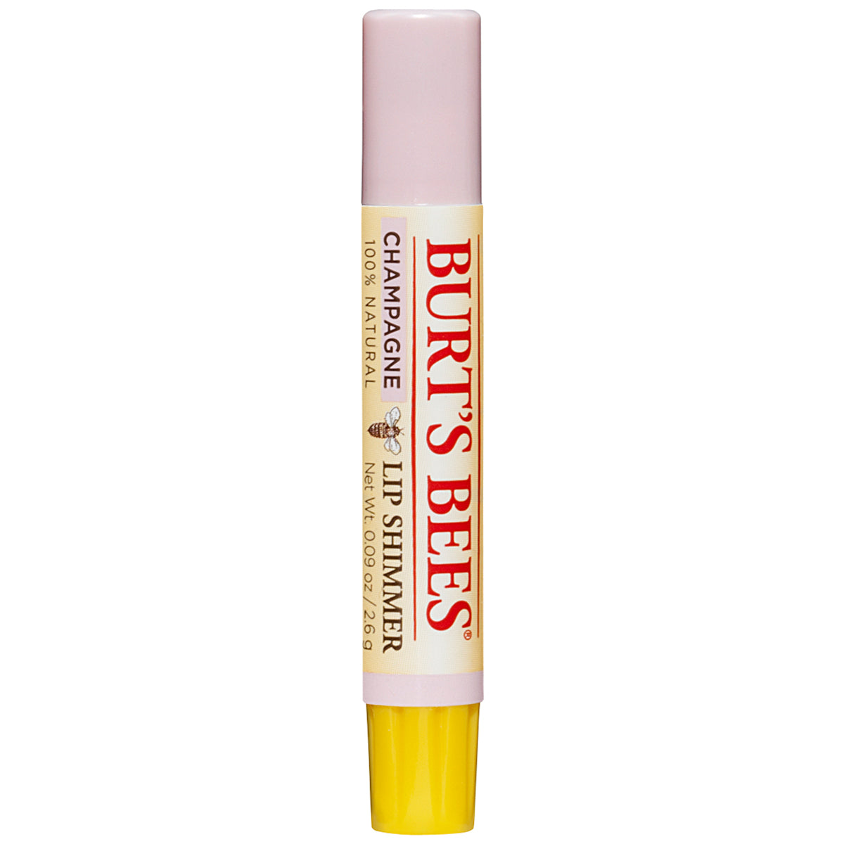 BTB051 | Burt's Bees Champagne lip shimmer tube with pale pink cap and yellow base