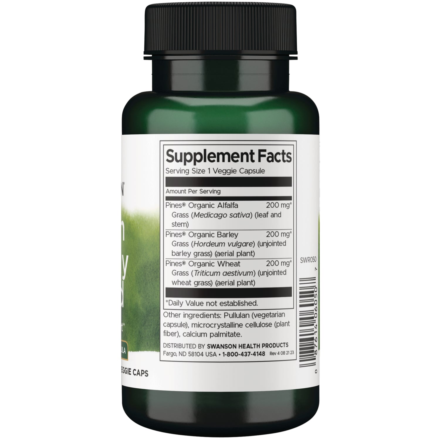 SWR050 | Back of green supplement bottle showing Supplement Facts panel, ingredients, barcode
