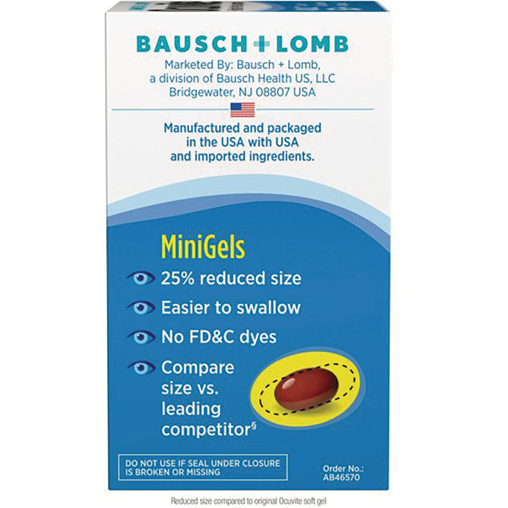 BNL028 | Back of Bausch + Lomb MiniGels box listing MiniGels, 25% reduced size, easier to swallow, no FD&C dyes - Thumbnail