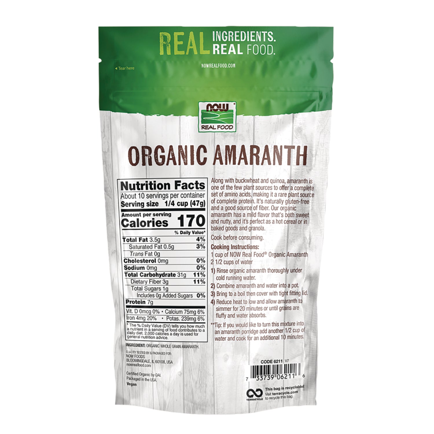 NWF1384 | Back of NOW Real Food Organic Amaranth pouch showing nutrition facts, cooking instructions, and barcode