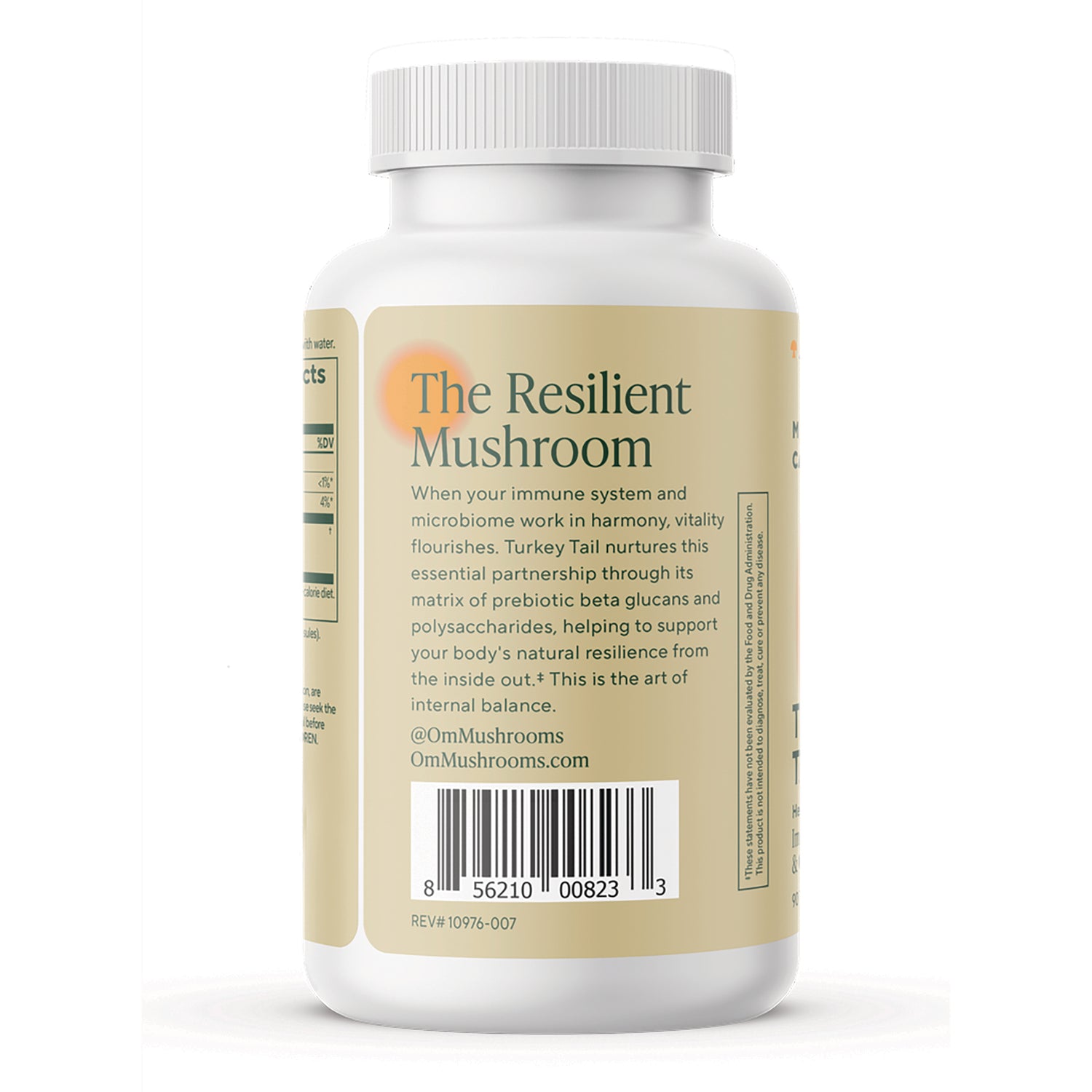 MMX024 | back label of Turkey Tail supplement bottle showing benefits, certifications, and barcode