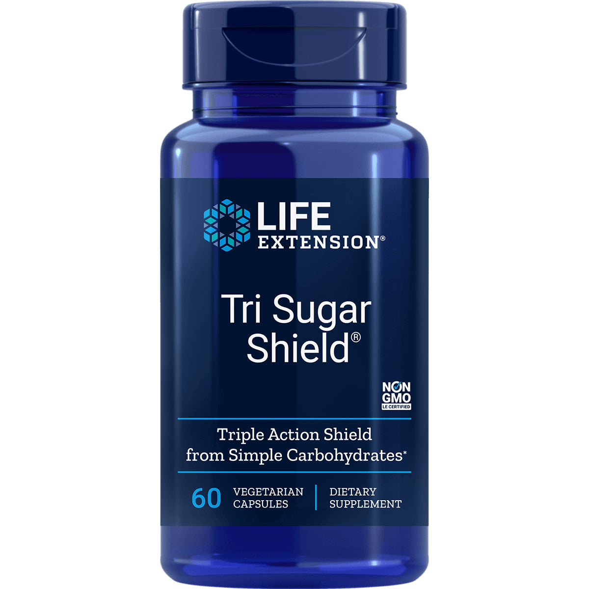 LE253 | Life Extension Tri Sugar Shield blue bottle front showing 60 vegetarian capsules dietary supplement label