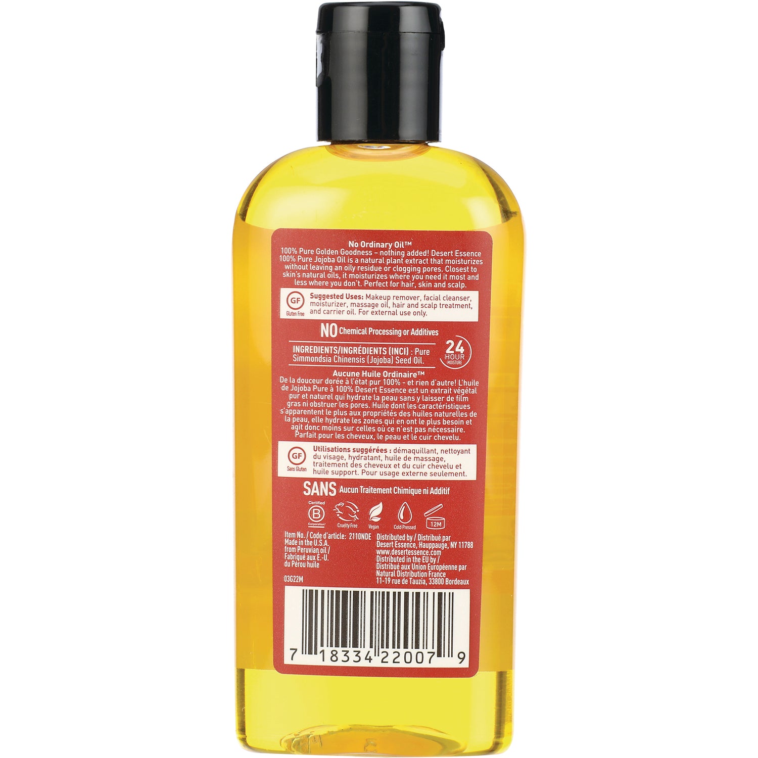 Amber plastic bottle back showing red ingredient panel, usage instructions and barcode