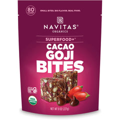 NAV043 | Navitas Organics Superfood+ Cacao Goji Bites pouch showing chocolate berry bites, 8 oz