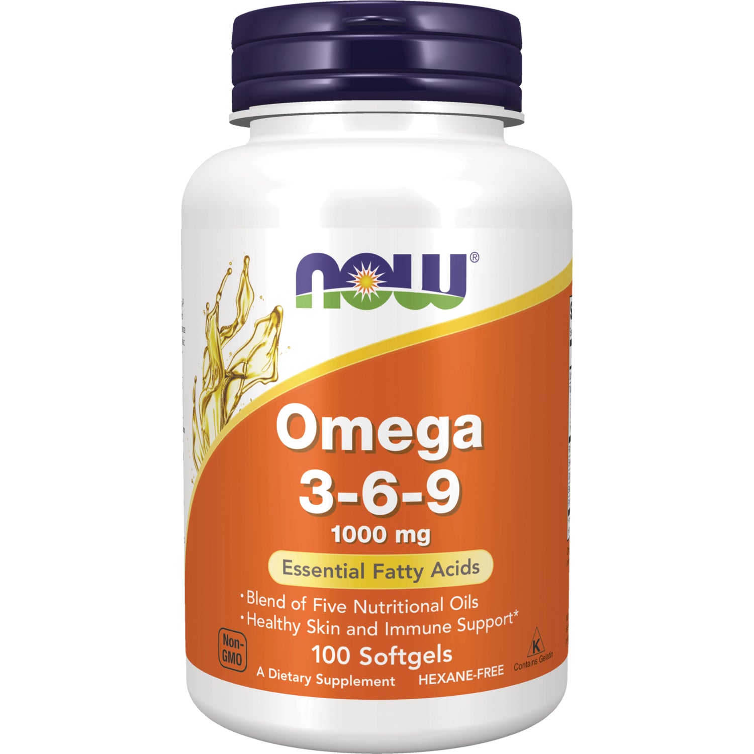 NWF072 | NOW Omega 3-6-9 1000 mg bottle with orange label reading Essential Fatty Acids, 100 Softgels
