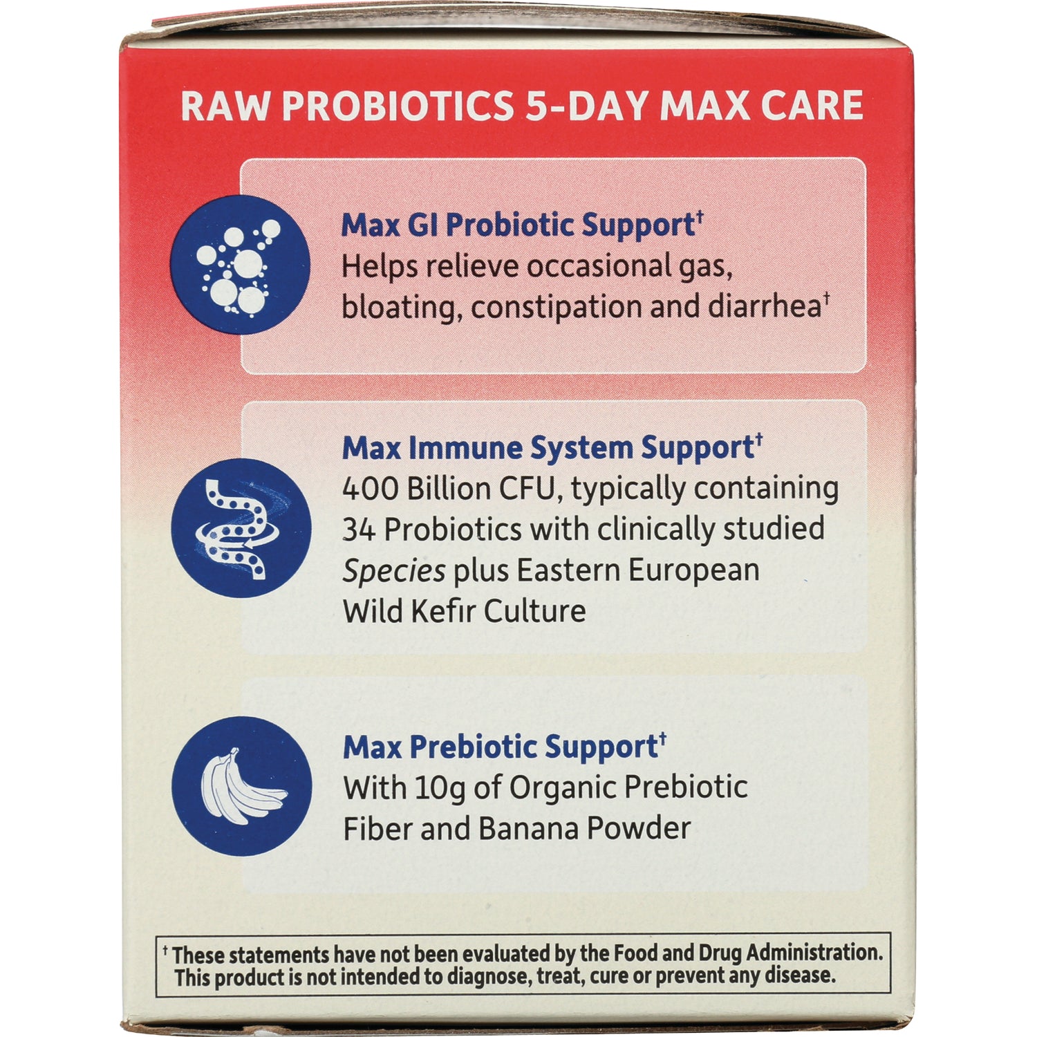 Side panel listing RAW PROBIOTICS 5-DAY MAX CARE with Max GI Probiotic Support; Max Immune System Support; Max Prebiotic Support