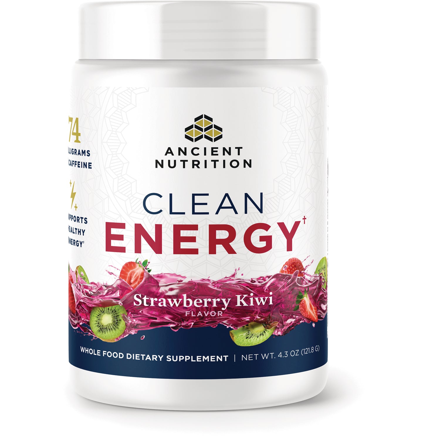 ATN146 | Ancient Nutrition Clean Energy strawberry kiwi powder supplement jar front label